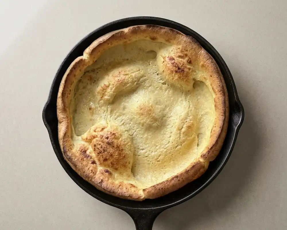 Gebackener High Protein Dutch Baby mit goldbraunem Rand ohne Topping von oben