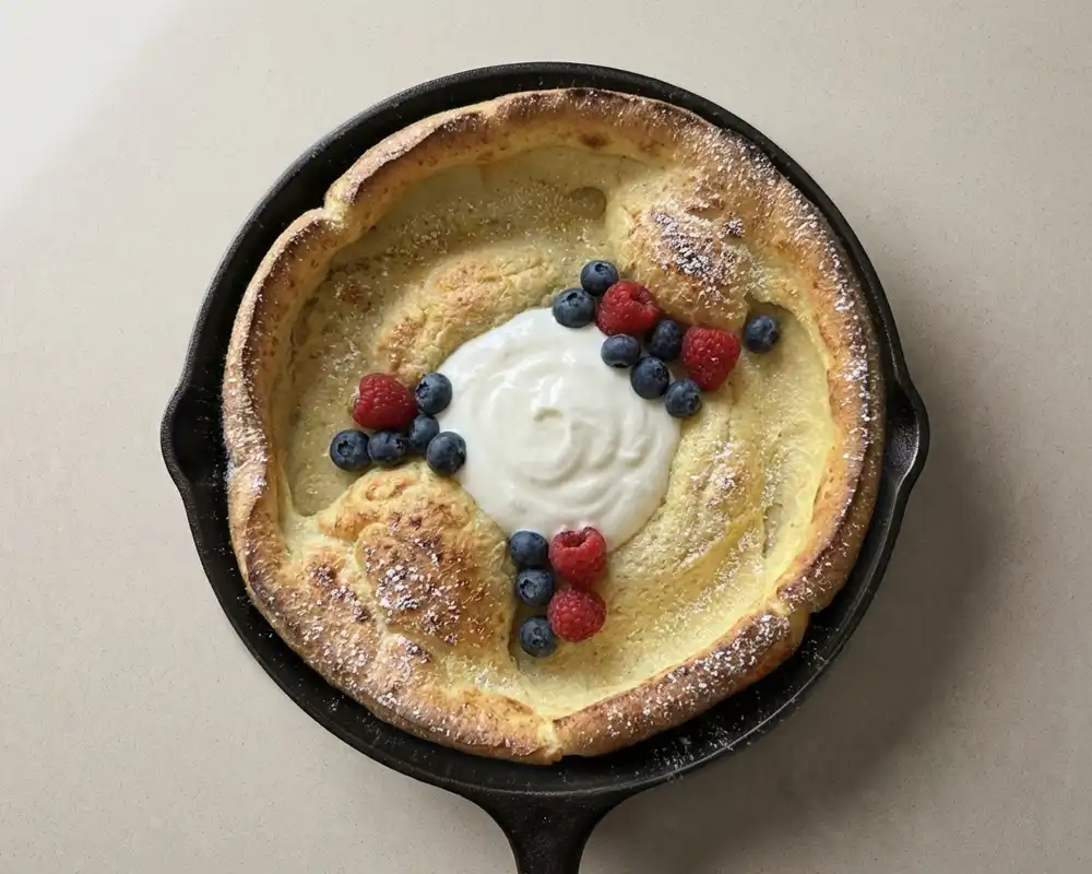 Fertiger High Protein Dutch Baby mit Skyr und Beeren in Gusseisenpfanne von oben