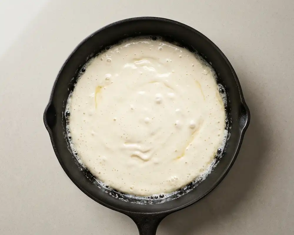 Teig zischt in heißer Gusseisenpfanne für Dutch Baby von oben